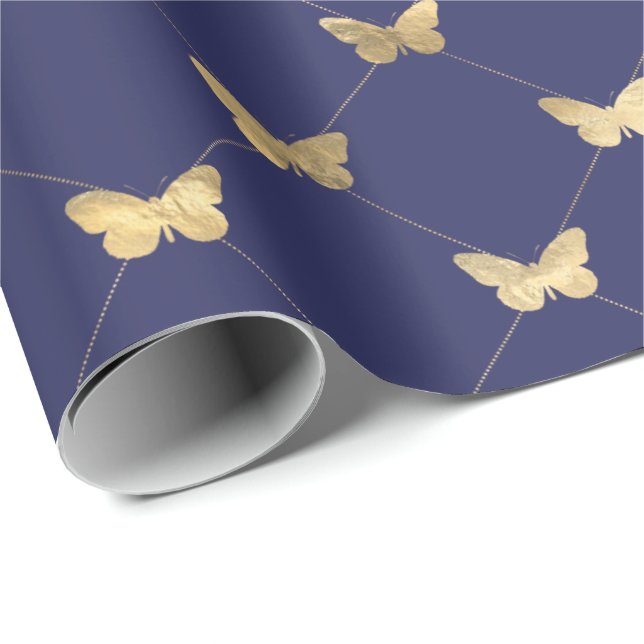Elegant Blåblå Guld Butterfly Mönster Presentpapper (Rullad Hörn)