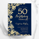 Elegant Blåblå Guld Ro 50:e födelsedagen Inbjudningar<br><div class="desc">Blommigten guld 50:e födelsedagsfest inbjudan. Elegantens utformning med ro,  faux guld-folie och typsnitt för typsnitt. Trendig inbjudan-kortets perfekt för en snyggt kvinnlig dag firande. Kan anpassas till vilken ålder som helst. Skrivna Zazzle-inbjudningar eller digital utskrivbar mall för omedelbar nedladdning.</div>