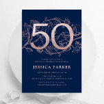 Elegant Blåblå Ro Guld 50:e födelsedag Inbjudningar<br><div class="desc">Elegantens marinblå ro guld 50:e födelsedagsfest inbjudan. Anpassadets moderna femininindesign med rosor botaniska accenter och faux glitter ro guld. Enkel perfekt för inbjudan-kort i blommigt för en snyggt kvinnlig dag firande. Anpassa med dina egna detaljer. Skrivna Zazzle-inbjudningar eller digital utskrivbar mall för omedelbar nedladdning.</div>