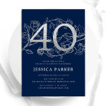 Elegant Blåblå Silver 40:e födelsedagen Inbjudningar<br><div class="desc">Elegantens inbjudan till 40-årspartiet silver till marinen. Anpassadets moderna femininindesign med ro botaniska accenter och faux glitter silver. Enkel perfekt för inbjudan-kort i blommigt för en snyggt kvinnlig dag firande. Anpassa med dina egna detaljer. Skrivna Zazzle-inbjudningar eller digital utskrivbar mall för omedelbar nedladdning.</div>