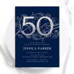 Elegant Blåblå Silver 50:e födelsedagen Inbjudningar<br><div class="desc">Elegantens marinblå silver 50:e födelsedagsfest inbjudan. Anpassningsbar modern feminin design med rosor botaniska accenter och faux glitter silver. Enkel perfekt för inbjudan-kort i blommigt för en snyggt kvinnlig dag firande. Anpassa med dina egna detaljer. Skrivna Zazzle-inbjudningar eller digital utskrivbar mall för omedelbar nedladdning.</div>
