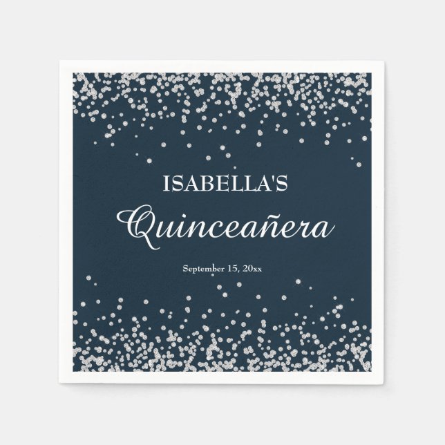 Elegant Blåblå Silver Glitter Quinceanera Pappersservett (Framsidan)