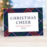 Elegant Blåblå Tartan Play-julCheer Helgkort<br><div class="desc">Ett helgdag-kort med snyggt är ett klassiskt marinblått,  jägerblått grönt och rödtajt i mönster med eleganten "Julturen" med namn och år som kan vara helt personlig. Ett skriptmeddelande för anpassningsbar finns också på kortets insida. Anpassa med önskad text - en underbar väg till  speciella minnen från året och/eller helgdag.</div>