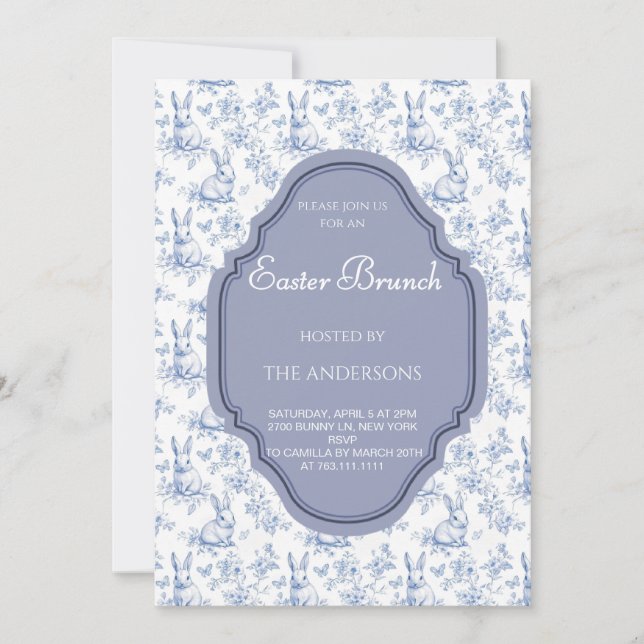 Elegant Blåblå Vintage Toile Påsk Brunch Inbjudningar (Framsida)