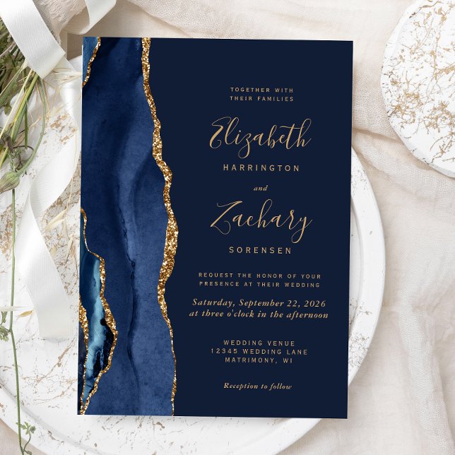Elegant: Blåblått Guld Agate Bröllop Inbjudningar (The perfect choice for a navy blue and gold themed wedding.)