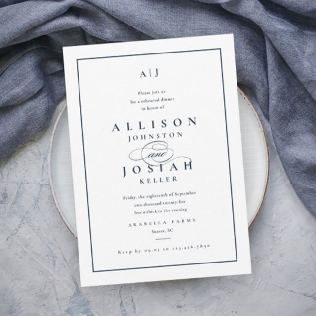 Elegant blåbröllopsmiddag inbjudningar (Elegant Typography Navy Blue Wedding Rehearsal Dinner Invitations.)