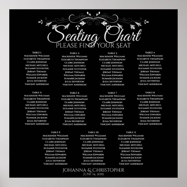 Elegant Black 11 Bord Bröllop-sittdiagram Poster (Framsidan)