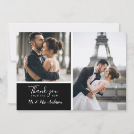 Elegant Black 2 Photo Collage Bröllop Tack Kort