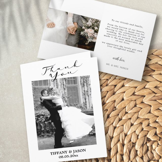 Elegant Black 2 Photo Hand Lettered Modern Simple Tack Kort (Skapare uppladdad)