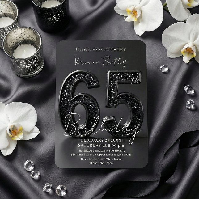 Elegant Black 3D Glitter Sparkle 65th Birthday Inbjudningar (Skapare uppladdad)