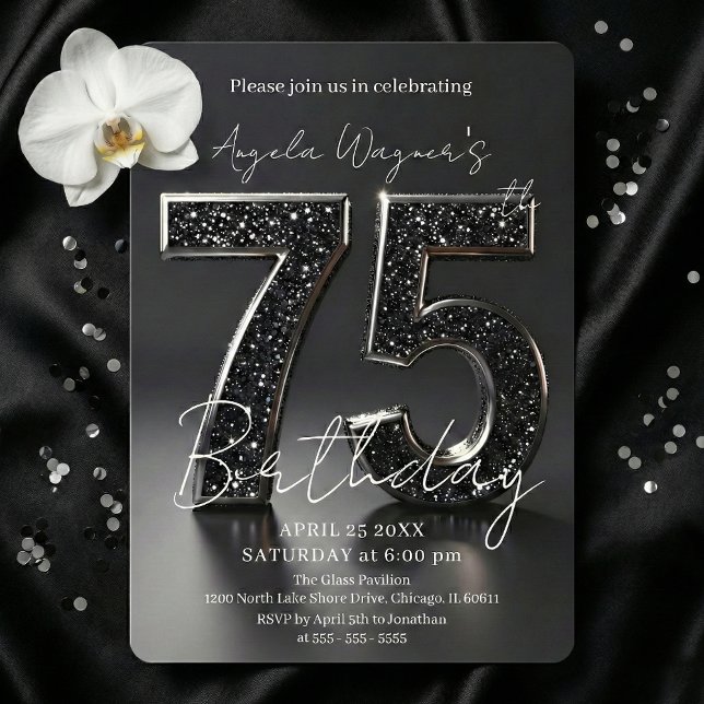 Elegant Black 3D Glitter Sparkle 75th Birthday Inbjudningar (Skapare uppladdad)