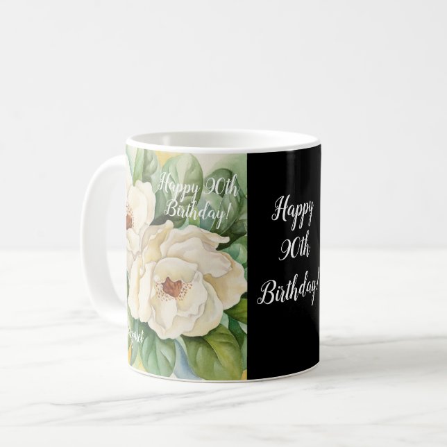 Elegant Black 90:e Birthday Magnolia Blommigt Namn Kaffemugg (Framsida vänster)