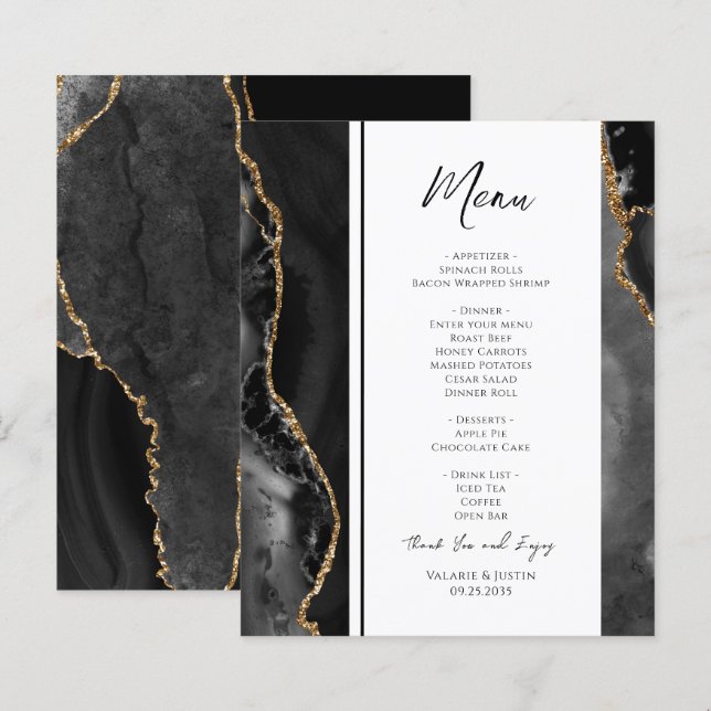 Elegant Black Agate Bröllop Menu (Fram/baksida)