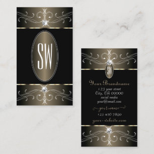 Elegant Black and Beige Ornate Ornaments Monogram Visitkort