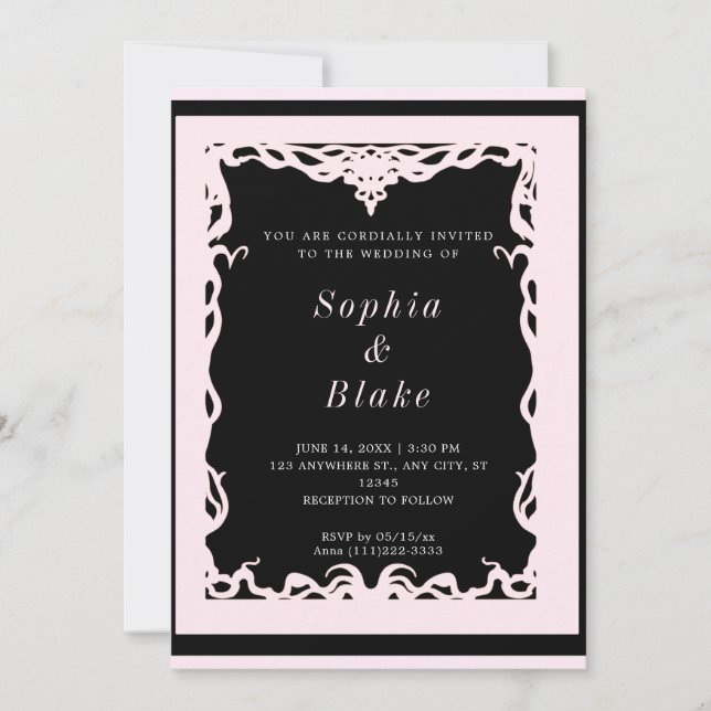 Elegant Black and Blek Rosa Art Deco Bröllop Inbjudningar (Framsida)