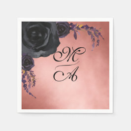 Elegant Black and Blush Floral Monogram Wedding Pappersservett