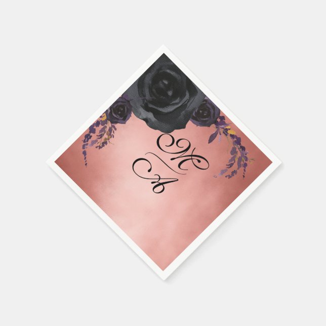 Elegant Black and Blush Floral Monogram Wedding Pappersservett (Hörn)