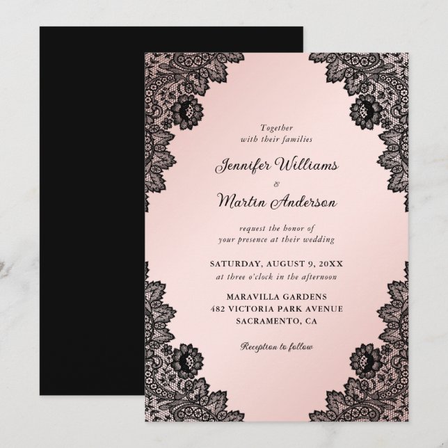 Elegant Black and Blush Pink Floral Lace Wedding Inbjudningar (Fram/baksida)