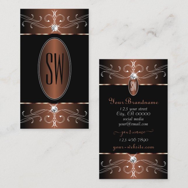 Elegant Black and Brown Ornate Ornaments Monogram Visitkort (Fram/baksida)