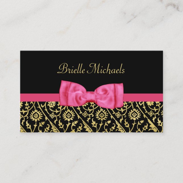 Elegant Black and Faux Guld Damask Shock rosa Bow Visitkort (Framsida)