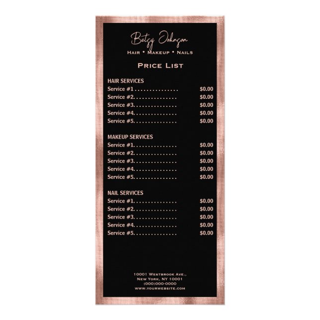 Elegant Black and Faux Ro Guld Foil Rack Card Reklamkort (Framsidan)