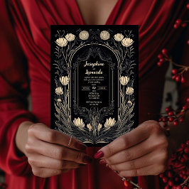 Elegant Black and Gold Art Nouveau Floral Wedding  Inbjudningar