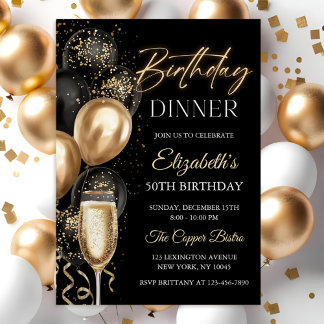 Elegant Black and Gold Balloons Birthday Dinner Inbjudningar