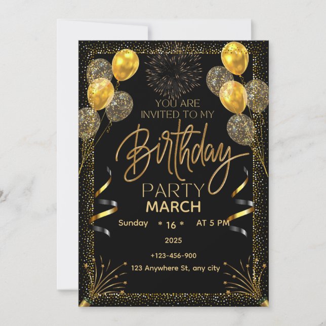 Elegant Black and Gold Birthday Invitation  Inbjudningar (Framsida)
