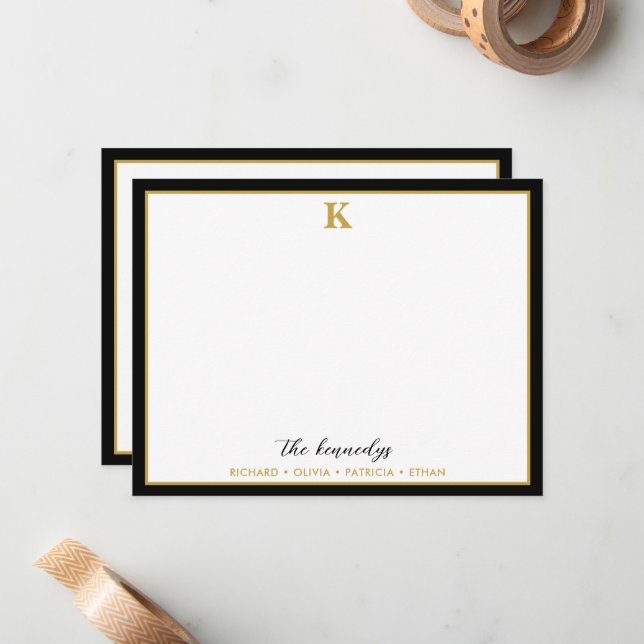 Elegant Black And Gold Border Family Name Monogram Anteckningskort (Fram/Back In Situ)