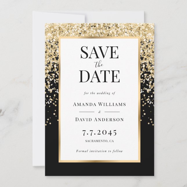 Elegant Black and Gold Confetti Wedding Spara Datumet (Framsida)