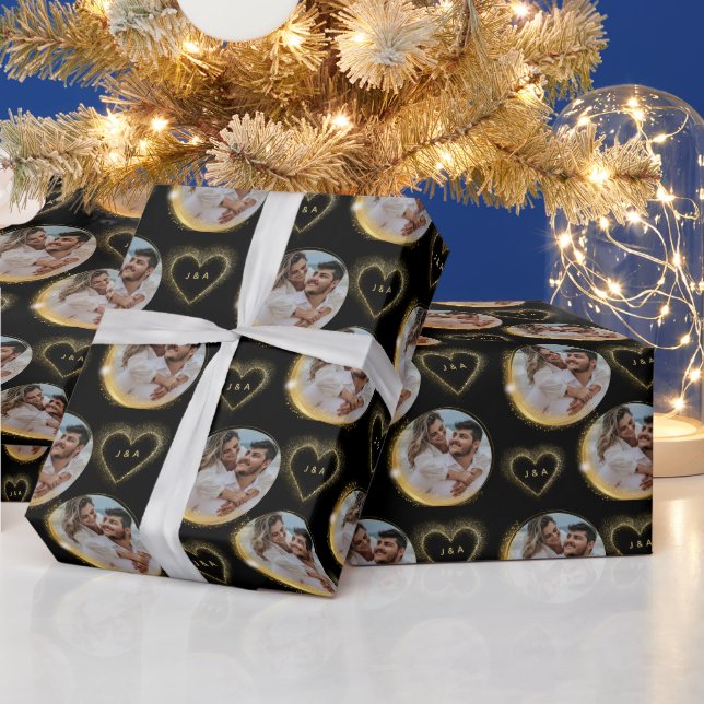 Elegant Black and Gold Couple Photo Initials  Presentpapper (Helgdagar)