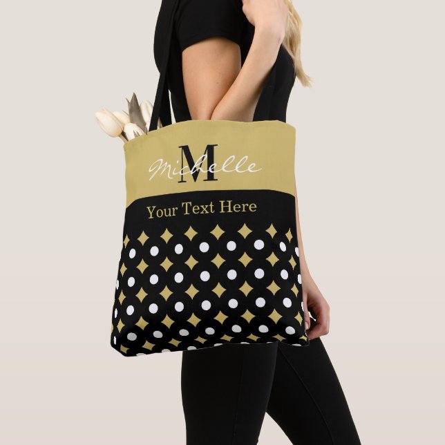 Elegant Black And Gold Diamond Pattern Monogrammed Tygkasse (Närbild)