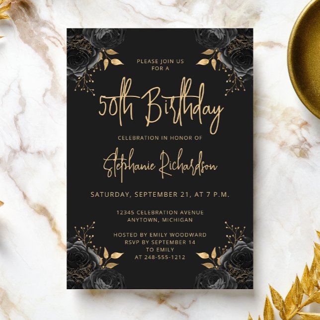 Elegant Black and Gold Floral 50th Birthday Party Inbjudningar (Skapare uppladdad)