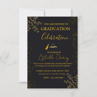 Elegant Black and Gold Floral Graduation Party Inbjudningar