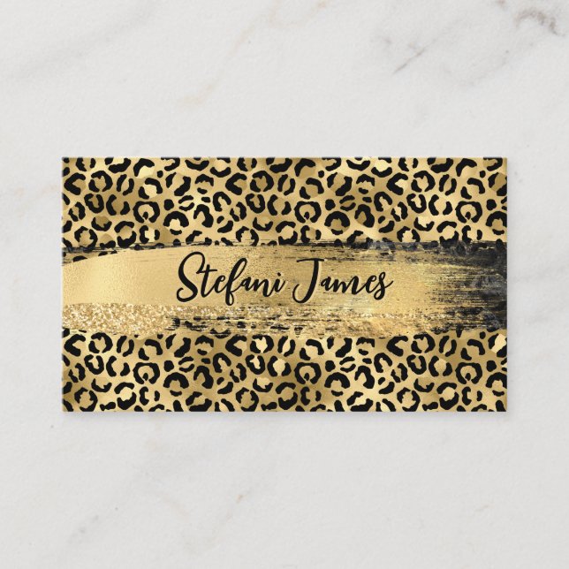 Elegant Black and Gold Foil Leopard Brush Stroke Visitkort (Framsida)