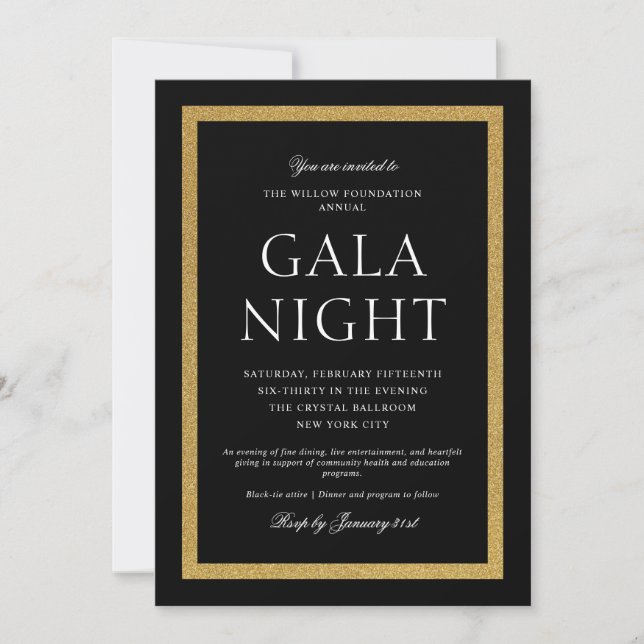 Elegant Black and Gold Gala Night Inbjudningar (Framsida)