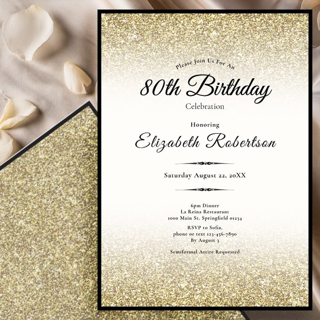 Elegant Black and Gold Glitter 80th Birthday  Inbjudningar (Skapare uppladdad)