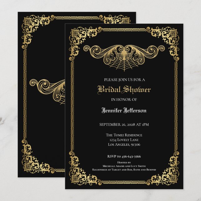 Elegant black and gold Gothic Bridal Shower Meddelande (Fram/baksida)