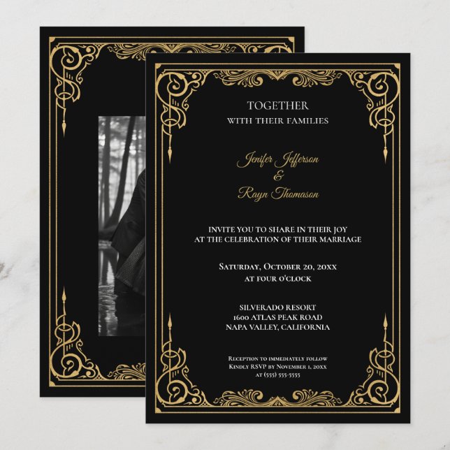 Elegant black and gold Gothic wedding Invitation Inbjudningar (Fram/baksida)