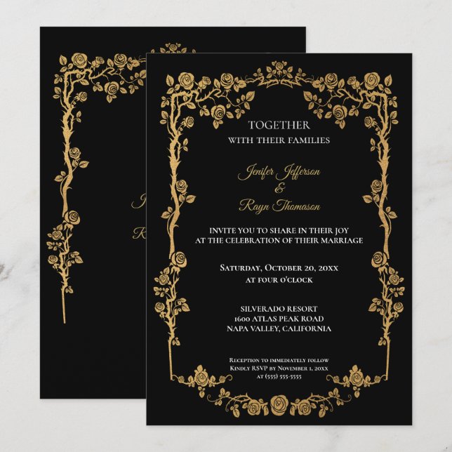 Elegant black and gold Gothic wedding Invitation Inbjudningar (Fram/baksida)