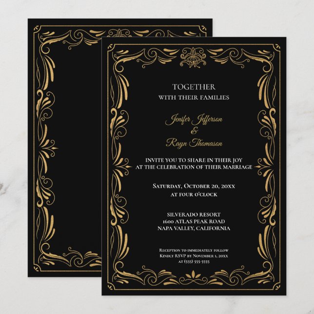 Elegant black and gold Gothic wedding Invitation Inbjudningar (Fram/baksida)