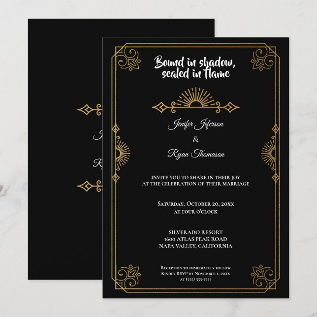 Elegant black and gold Gothic wedding Invitation Inbjudningar (Fram/baksida)