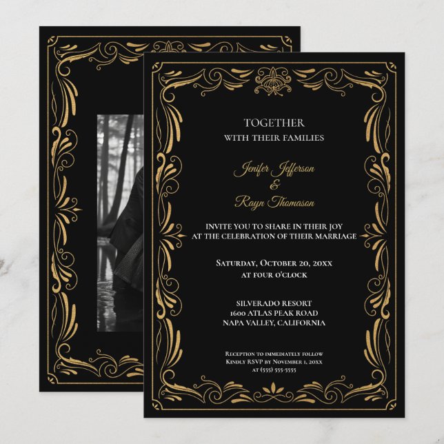 Elegant black and gold Gothic wedding Invitation Inbjudningar (Fram/baksida)