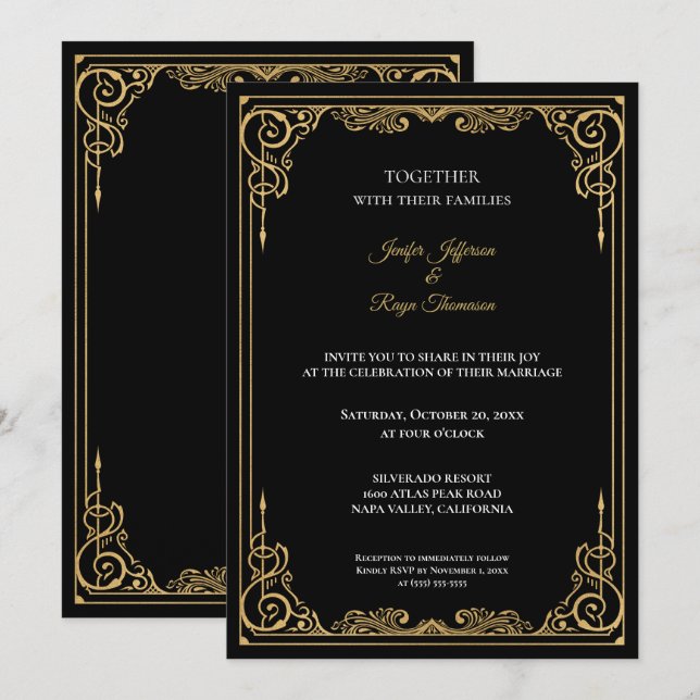 Elegant black and gold Gothic wedding Invitation Inbjudningar (Fram/baksida)