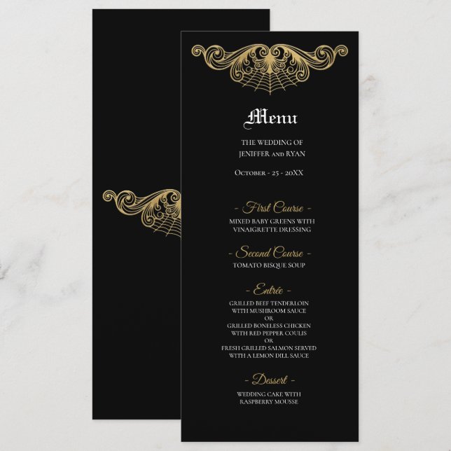 Elegant black and gold Gothic Wedding Menu Meny (Fram/baksida)