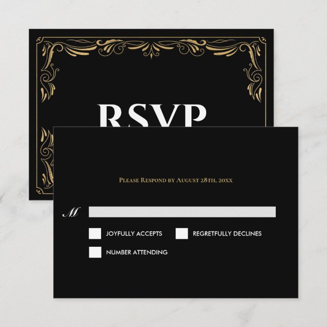 Elegant black and gold Gothic Wedding RSVP Card OSA Kort (Fram/baksida)