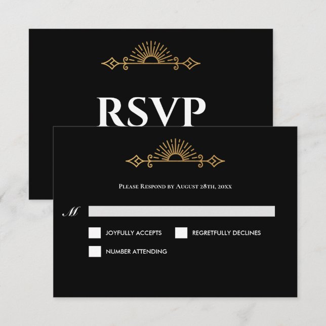 Elegant black and gold Gothic Wedding RSVP Card OSA Kort (Fram/baksida)