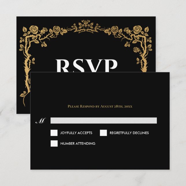 Elegant black and gold Gothic Wedding RSVP Card OSA Kort (Fram/baksida)