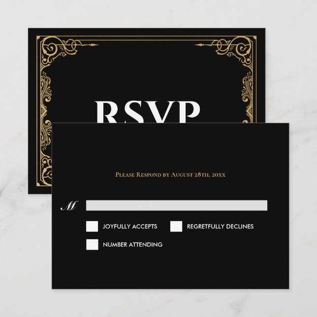 Elegant black and gold Gothic Wedding RSVP Card OSA Kort (Fram/baksida)