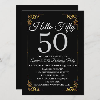 Elegant Black and Gold Hello 50th For Women  Inbjudningar